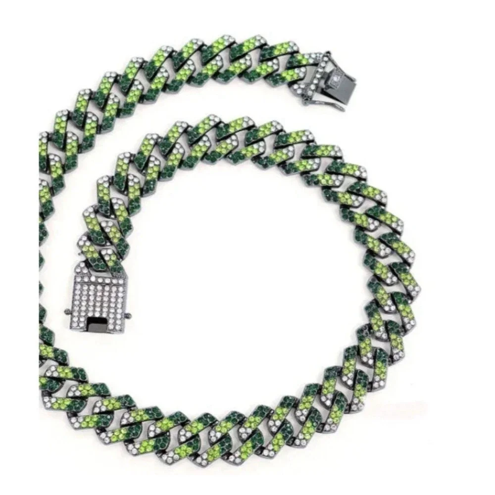 Cuban Link Camo Drip Chain 22” SS Gunmetal/Green/Silver AUS Crystals